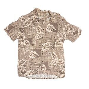 Batik Bay Mens Medium Tan Rayon Hawaiian Tropical Palm Leaf Button Down Shirt